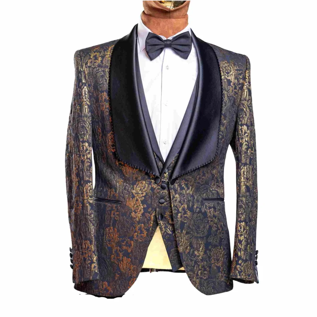 Quesste Men's 3pc Slim Fit Shimmery Black and Gold Suit Set